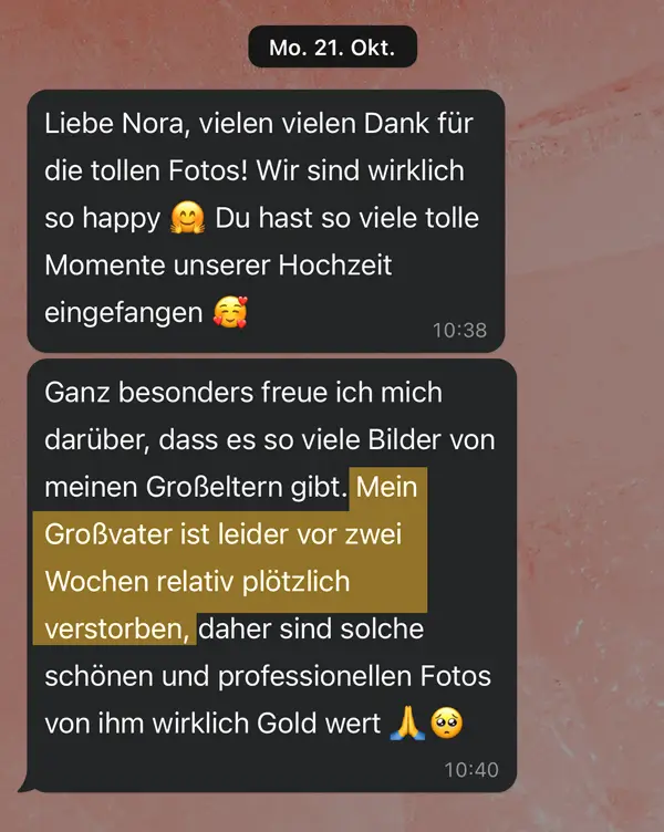 Screenshot einer Nachricht einer Braut, die sich bedankt, dass auf ihrer Hochzeit Fotos von ihrem Großvater erstellt wurden.